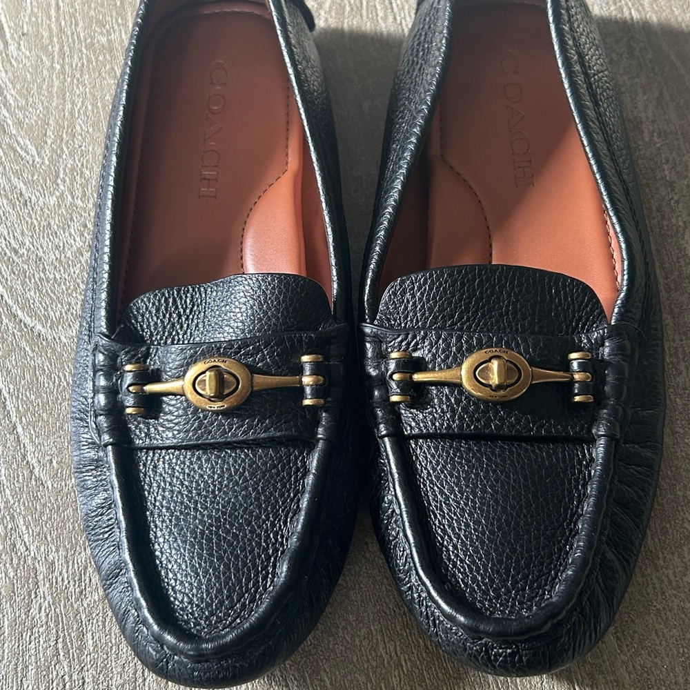 Coach Black Pebbled Leather Loafers with Gold Turnlock